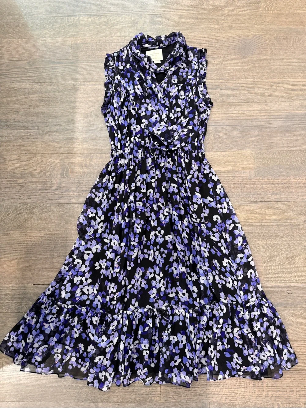 kate spade Black & Lavender Floral Ruffled Silk Midi Dress xs